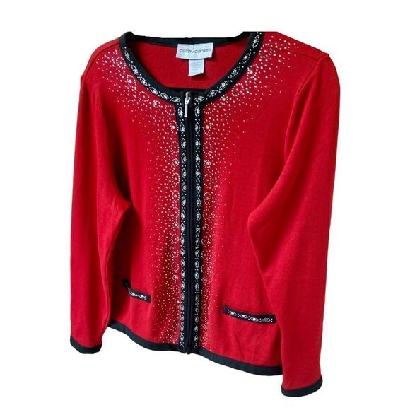 CATHY DANIEL’S Pretty Red Sequin Embroidered Zip Front Sweater Jacket. - Picture 5 of 11